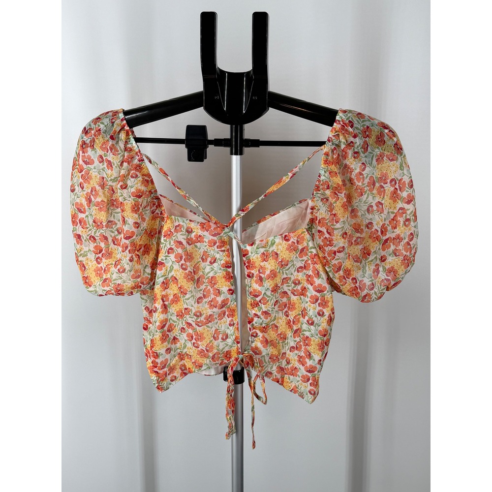 Promesa Floral Puff Sleeve Crop Top Sweetheart Neck Open Back S New - Picture 2 of 7